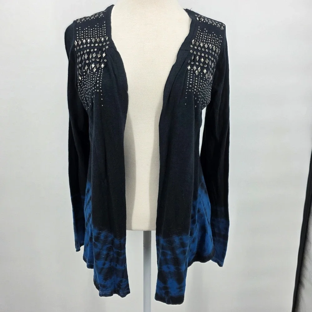 VOCAL Studded Tie‎ Dye Cardigan Open Front Navy Blue Long Sleeve Large NWT